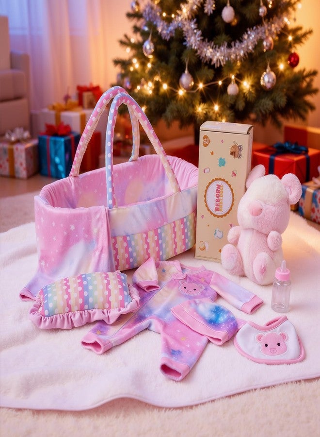 BABESIDE 8 Pcs Reborn Baby Doll Clothes with Bassinet for 17-22 Inch Babydolls, Reborn Baby Doll Accessories fit Newborn Dolls Girls, Colorful Baby Dolls Clothes - Image 1